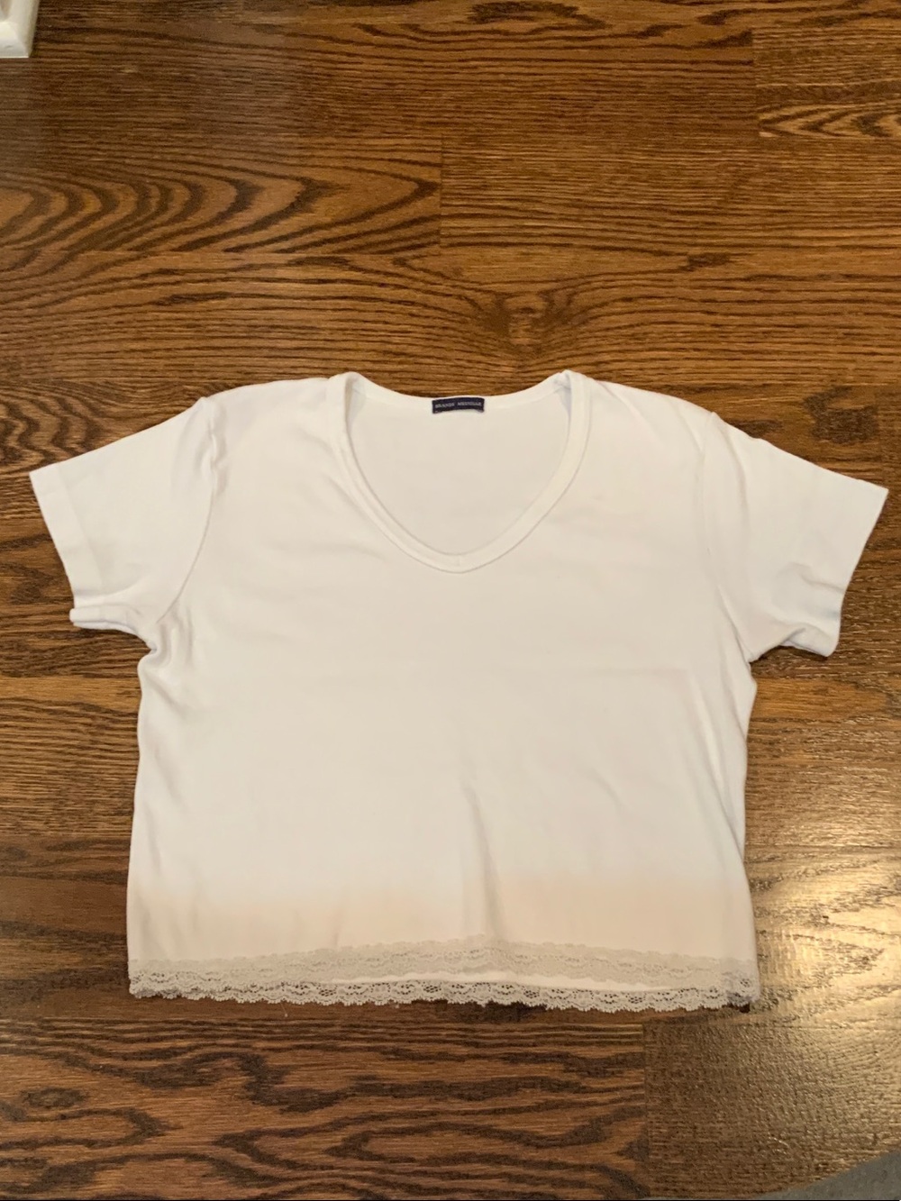 Brandy Melville White V-Neck Short Sleeve Top with Lace Hem